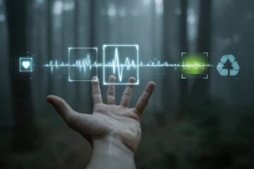 Futuristic eco-healthcare interface glowing over human hand in forest background, ideal for sustainability campaigns, environmental health, or green tech presentations