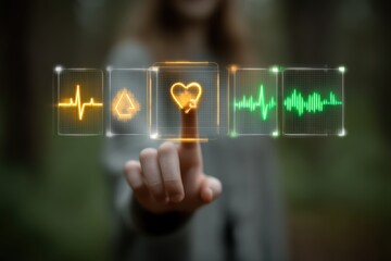 Futuristic eco-healthcare interface glowing over human hand in forest background, ideal for sustainability campaigns, environmental health, or green tech presentations