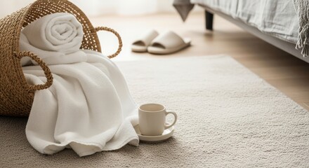 A cozy indoor scene featuring a woven basket with rolled white towels, a cup on a saucer, and soft slippers on a light rug.