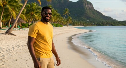 African American Man in 30s Relaxing on Tropical Beach