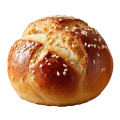 A single pretzel roll with sesame seeds on a transparent background in a studio shot close up view