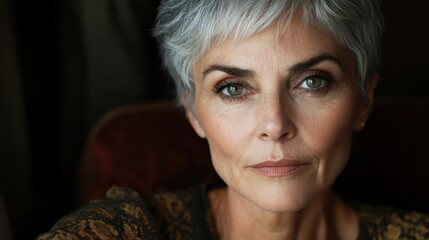Mature woman with short grey hair stares intently at the camera. Portray inner strength, beauty, and confidence of aging women.