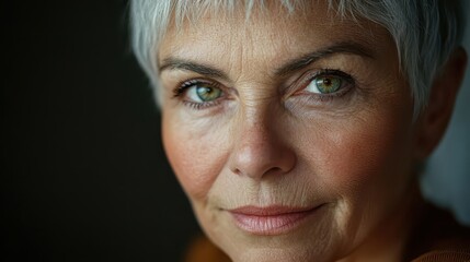 Close-up of a mature woman with green eyes and short gray hair smiling. Use for beauty, skincare, or topics related to aging gracefully.