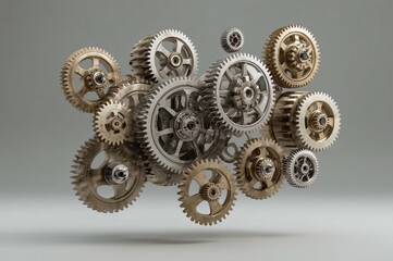 Gear assembly, Floating gears, Mechanical parts, Metallic gears, Precision engineering, Industrial design, Photorealistic gears, High detail gears, Gear teeth, Mechanical components, Metal texture, Re