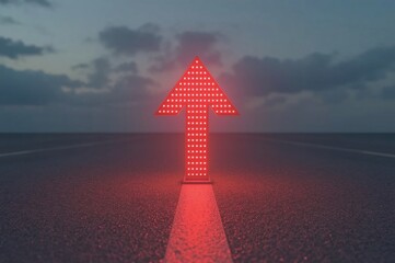 Green LED arrow,Red LED arrow, Floating arrow, Perspective path, Grey road, O-shaped road, Blurry cloudy sky, Realistic lighting, Uniform lighting, Photorealistic image, High detail, High resolution, 
