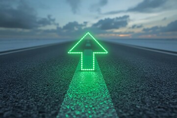 Green LED arrow,Red LED arrow, Floating arrow, Perspective path, Grey road, O-shaped road, Blurry cloudy sky, Realistic lighting, Uniform lighting, Photorealistic image, High detail, High resolution, 