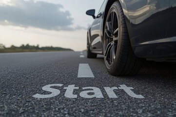 Start of Motion,Car body, Single tire, Floating perspective, Grey road, START text, Blurry sky, Cloudy background, Realistic lighting, Uniform lighting, Photorealistic detail, High resolution, 8K rend