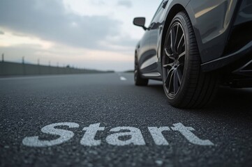 Start of Motion,Car body, Single tire, Floating perspective, Grey road, START text, Blurry sky, Cloudy background, Realistic lighting, Uniform lighting, Photorealistic detail, High resolution, 8K rend
