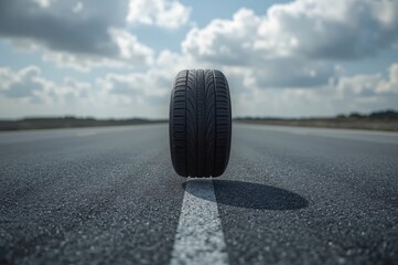 Start of Motion,Car body, Single tire, Floating perspective, Grey road, START text, Blurry sky, Cloudy background, Realistic lighting, Uniform lighting, Photorealistic detail, High resolution, 8K rend