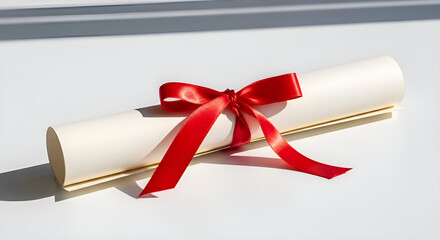 Close up rolled diploma tied with a red ribbon lying on a pristine white, elegant and minimal
