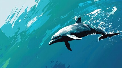 Fototapeta premium A dolphin glides through teal water.