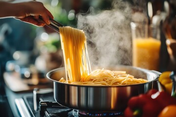 Steaming spaghetti in a pot, held by tongs, with veggies nearby on the stove. Use this food image for recipes, cooking blogs, or Italian restaurant menus.
