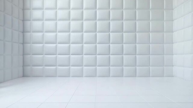 Clean white padded room with soft cushioned walls and smooth tiled floor, creating calm and sterile interior, empty and pristine space with clean floor and walls.