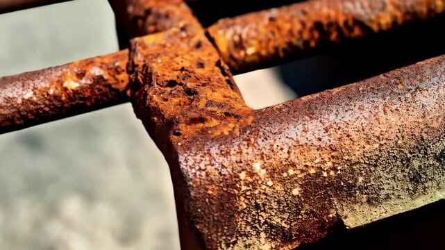 Close-up of heavily corroded and rusted metal crossbar shows extreme weathering, texture, and decay with rust colored flakes and degradation on the structure.