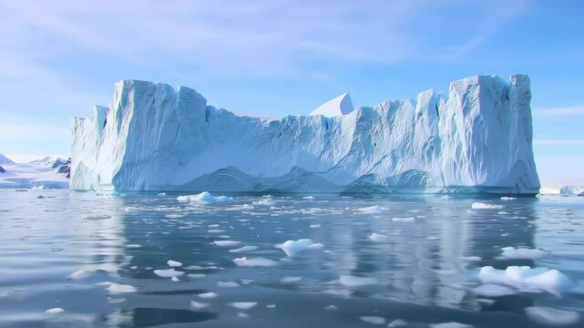 Massive Antarctic Iceberg Drifting in Calm Waters with Ice Floes Under a Clear Blue Sky