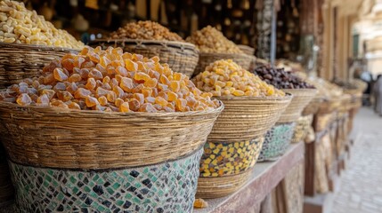 Dried fruit and nuts are displayed in baskets at a Middle Eastern market. Use this for travel blogs, food content, or cultural exploration articles.