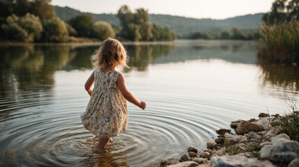 Rear view of a toddler wading into a lake at sunset, creating ripples in the calm water