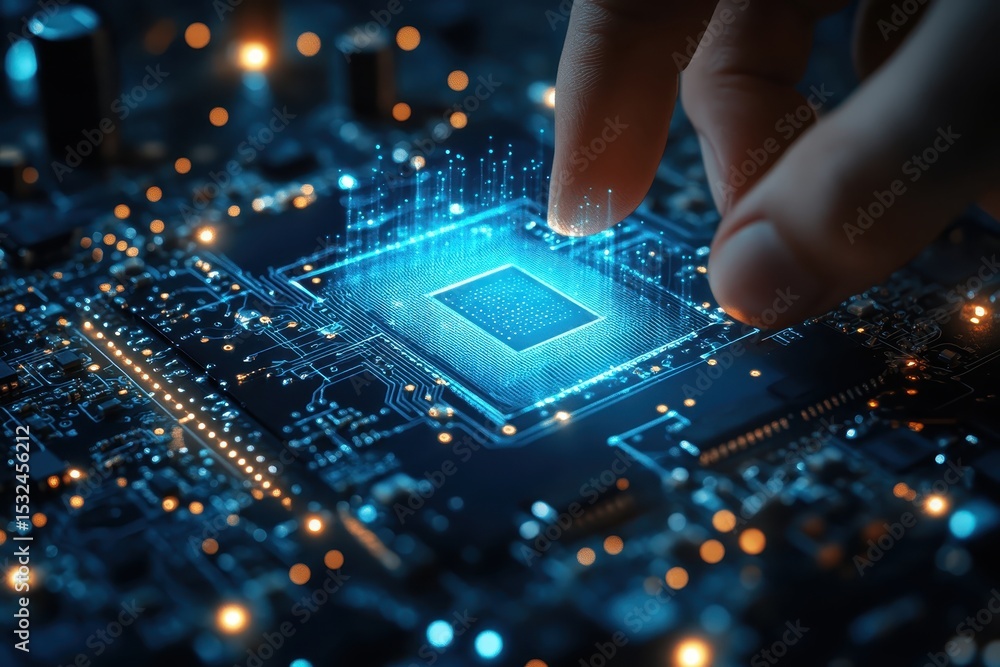 Poster a finger touches a glowing cpu on a complex, illuminated circuit board. use for tech, innovation, or