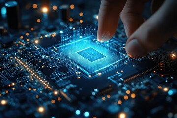 A finger touches a glowing CPU on a complex, illuminated circuit board. Use for tech, innovation, or futuristic themes in projects, websites, ads.