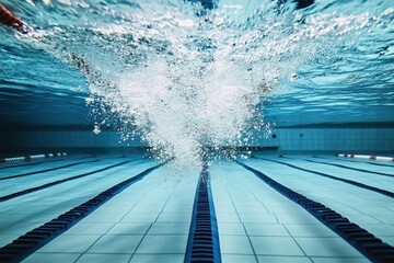 Underwater shot of a swimming pool with bubbles rising to the surface. Perfect for illustrating sports, leisure, and aquatic activities.