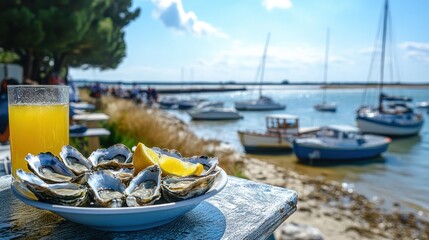 Fresh oysters and orange juice on table near the sea and boats. For travel blogs and food industry about summer holiday and vacation.