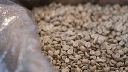 Raw green coffee beans in a textured background, showcasing their natural color and form.