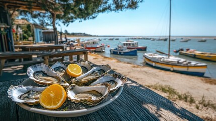 Fresh oysters with lemon on ice plate, with beach and sea background. Use this for summer vacation, travel, food, and seafood advertisement.