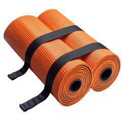 Rolled orange mats secured with straps close up view on transparent background