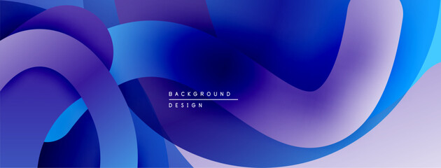 Abstract fluid shapes, vibrant blues, purples create dynamic background. Smooth gradients suggest movement, depth. Modern design element.