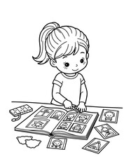 Young girl making a collage with cutouts and photos at the table - Concept of Back to School - coloring page for kids 5 - 8 years old  