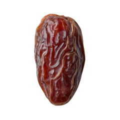 A single medjool date with its wrinkled skin in clear focus against a transparent background in studio shot