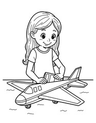 Young girl gluing paper airplane model while smiling in a playful setting  