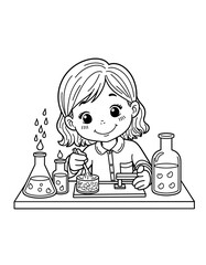 Girl mixing liquids in test tubes while smiling in a science lab - coloring page for kids 5 - 8 years old  