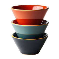 Stack of three bowls in different colors with gold trim on transparent background