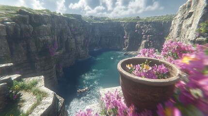 Flower Decoration Over Lake with Cliffside Rock Formation Landscape View