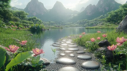 Calm Lake with Stone Path Lotus Flowers Mountains and Sunlight Scenery