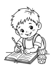 Young boy happily writing in personal achievement journal with snacks - Concept of Back to School - coloring page for kids 5 - 8 years old  