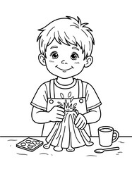 Young boy creating a paper volcano with baking soda for science projects  