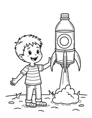 Young boy launching a bottle rocket in a grassy field - Science Projects and Crafts  