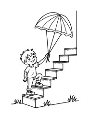 Boy testing paper parachute while climbing stairs - Science Projects and Crafts  