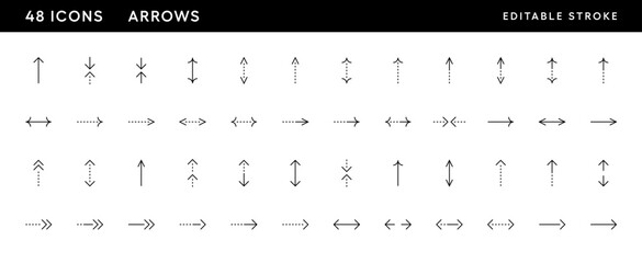 Outline vector arrow icon set. Straight arrow icons. Previous, direction, navigation, forward, upward, right and more. Editable stroke. Pixel Perfect. Grid base 32 x 32.