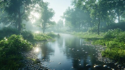 Lush Forest River Scene With Bright Sunlight Reflecting Through Trees