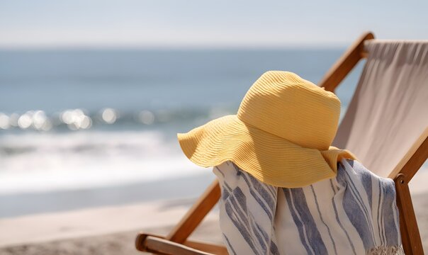 A lemon-yellow fabric sun hat rests on a canvas deck chair facing the shoreline, the brim lifted slightly by the wind. Generative AI - Powered by Adobe