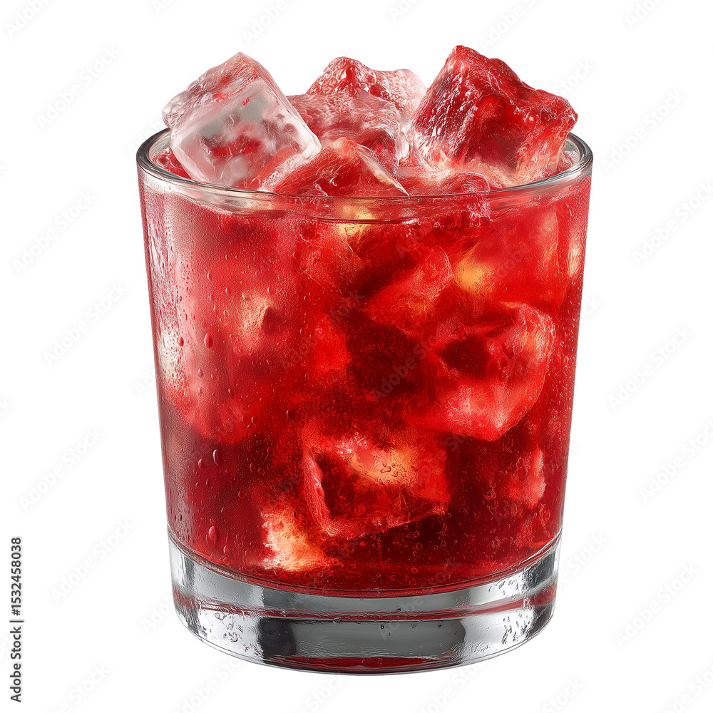 Poster refreshing red beverage with ice cubes in a glass for summer enjoyment isolated on transparent backg