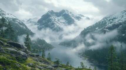 Misty Mountains And Lake Landscape With Forest Under Overcast Sky Pixelated