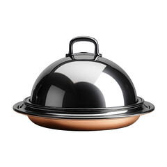 A copper bottomed serving dish with a metal dome cover on transparent background