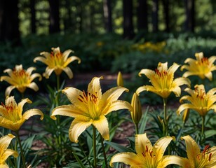  Yellow lilies against the backdrop of a forest park © Юлия Богза