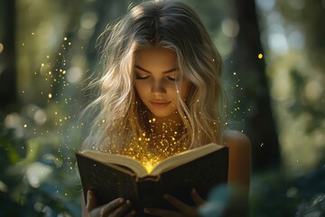 Blonde woman reading magical book in forest, with golden light. Use for fantasy themes, learning, storytelling, or spiritual concepts.