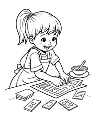 Young girl making paper mosaic art while smiling at a table - Concept of Back to School - coloring page for kids 5 - 8 years old  