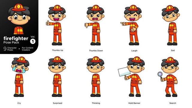 Firefighter Cartoon Pose Pack, 9 Emotional Character Animations with 4K Greenscreen